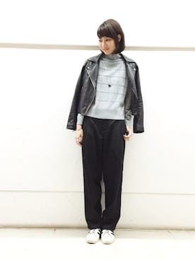 「ゆるニット」｜「アイテム（ライダースジャケット）」を使った、inhhhan®さん（レディース・165cm）の秋コーディネート
