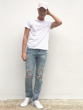 「distressed」｜「アイテム（パンツ）」を使った、Melvin Ongさん（メンズ・187cm）の春コーディネート