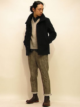 「THREE BLIND MICE（スリーブラインドマイス）のアイテム（ピーコート）」を使った、セキさん（メンズ・180cm）の冬コーディネート