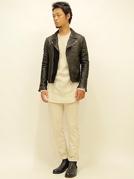 「アイテム（ライダースジャケット）」を使った、セキさん（メンズ・180cm・30代）の夏コーディネート