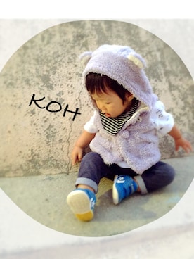 「アイテム（ベスト、パープル系）」を使った、KOHさん（キッズ・70cm）の秋コーディネート