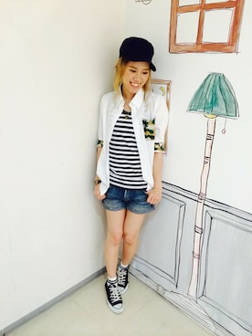 「柄×柄」｜「アイテム（キャップ）」を使った、NARUさん（レディース・162cm）の夏コーディネート
