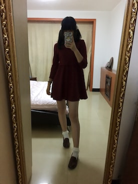 「アイテム（チュニック、レッド系）」を使った、ゆらさん（レディース・172cm）の冬コーディネート