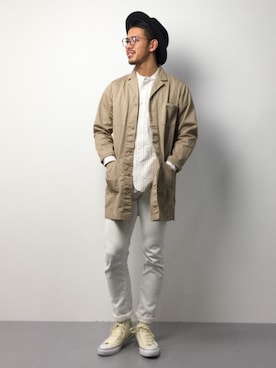 「Denime（ドゥニーム）のアイテム（ステンカラーコート）」を使った、ryoma nagaokaさん（メンズ・182cm）の春コーディネート