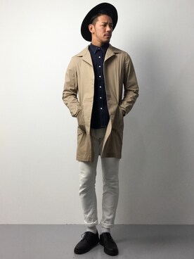 「ツバ広ハット」｜「アイテム（ステンカラーコート）」を使った、ryoma nagaokaさん（メンズ・182cm）の春コーディネート