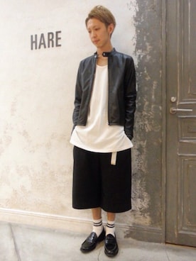 「HARE（ハレ）のアイテム（ライダースジャケット）」を使った、藤森大輝さん（メンズ・172cm）の夏コーディネート