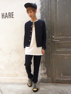 「HARE（ハレ）のアイテム（キャップ）」を使った、藤森大輝さん（メンズ・172cm）の秋コーディネート