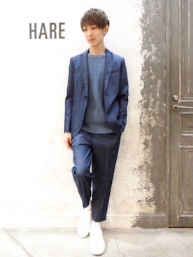 「HARE（ハレ）のダブルベルトスニーカー(HARE)（スニーカー）」を使った、藤森大輝さん（メンズ・172cm）の冬コーディネート