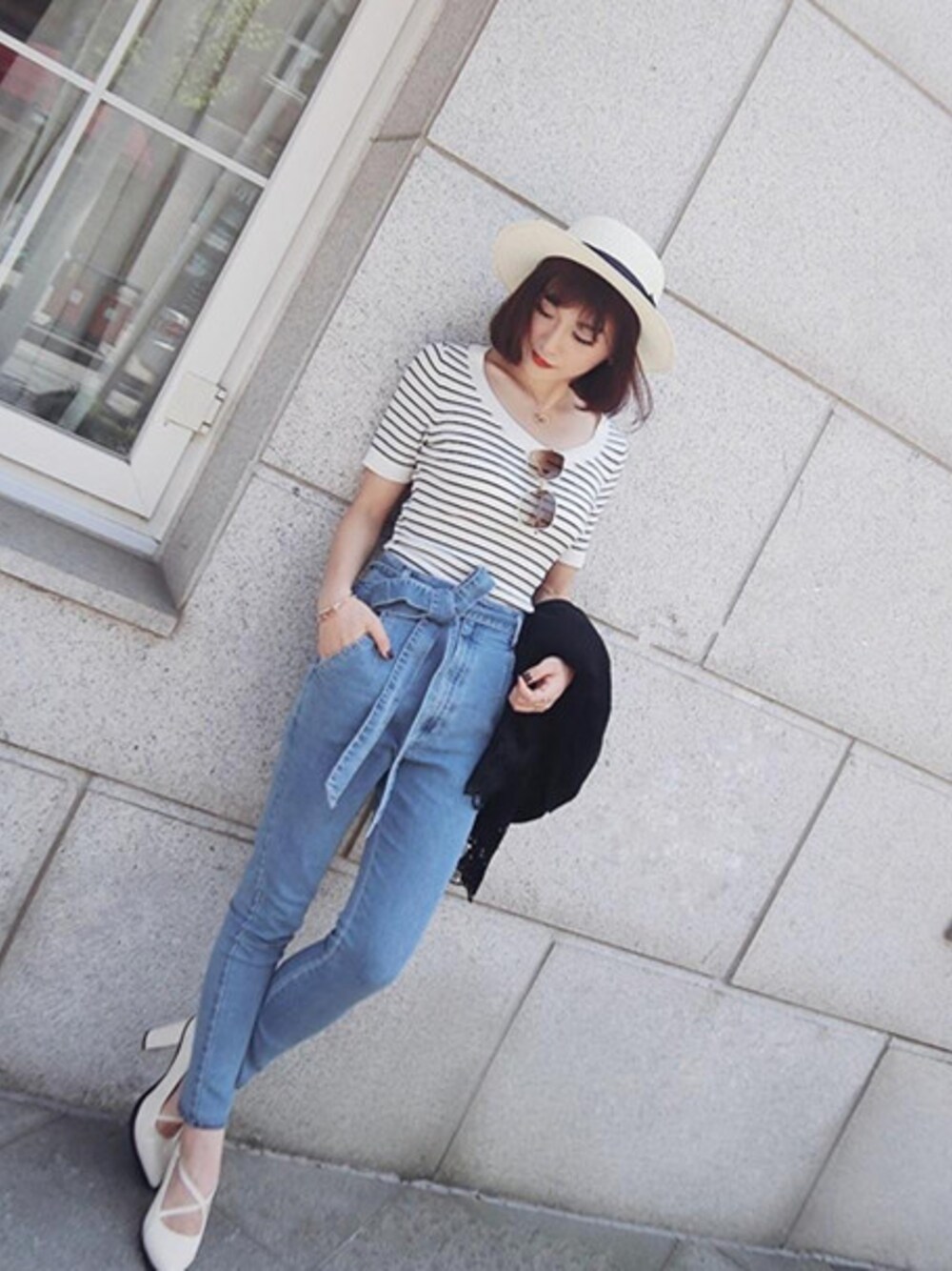 「デニム、パンツ、 デニムパンツ、 パンツスタイル、 カジュアル、 ootd、 秋、 ゆるコーデ、 おとなカジュアル、 snidle」｜「2016 春夏新作♪ リボン付デニムスキニーパンツ（デニムパンツ、グレー系）」を使った、lilystore(リリーせかい)さん（レディース・165cm）の夏コーディネートの1枚目の写真
