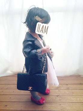 「chanel」｜「アイテム（ライダースジャケット）」を使った、HAM-NICOさん（キッズ・80cm）の冬コーディネート
