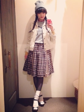 「タイツ×靴下」｜「アイテム（デニムジャケット）」を使った、marieさん（レディース・160cm）の冬コーディネート