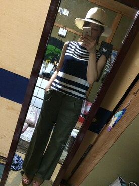 「しまむら（シマムラ）のアイテム（ニット/セーター、ブルー系）」を使った、yuyuさん（レディース・163cm）の夏コーディネート