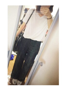 「H&M（エイチ・アンド・エム）のアイテム（Tシャツ/カットソー、ホワイト系）」を使った、yuyuさん（レディース・163cm）の夏コーディネート