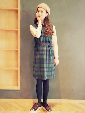 「DHOLICワンピース（ワンピース、グリーン系）」を使った、秦麻里子さん（レディース・170cm）の秋コーディネート