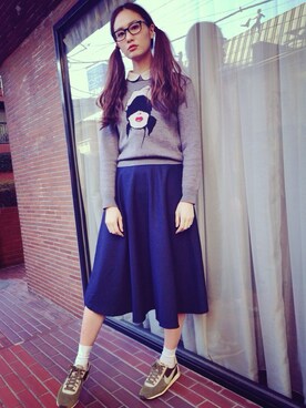 「G.V.G.V.（ジーヴィージーヴィー）の''EYE '' JACQUARD ROUND NECK KNIT TOP（ニット/セーター）」を使った、秦麻里子さん（レディース・170cm）の冬コーディネート