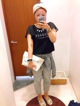 「しまむら（シマムラ）のアイテム（Tシャツ/カットソー、ブラック系）」を使った、shioriさん（レディース・155cm）の夏コーディネート