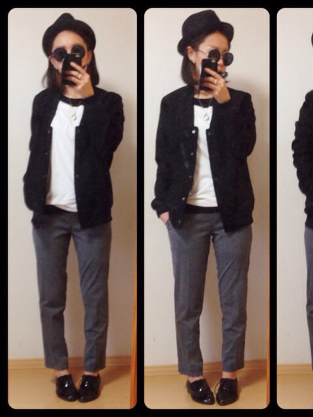 「ハット、スタジャン、オックスフォード、サングラス、ﾏﾙﾒｶﾞﾈ、モノトーン」｜「FOREVER 21のアイテム（スタジャン、ブラック系）」を使った、YUKA.さん（レディース・165cm）の秋コーディネートの1枚目の写真