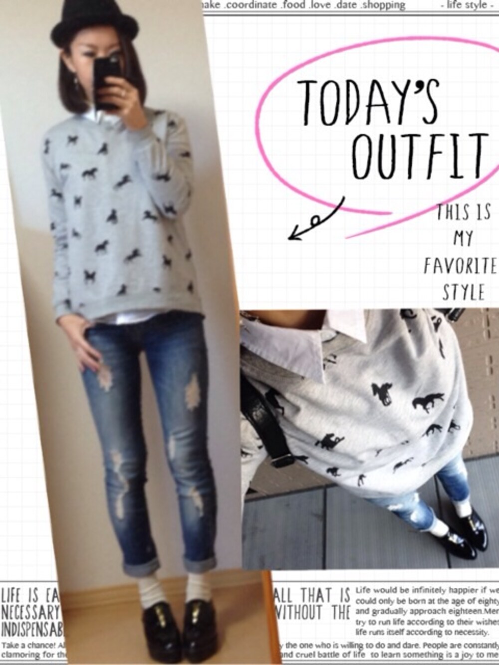 「スウェット、馬柄、デニム、ダメージジーンズ、ハット」｜「FOREVER 21のアイテム（スウェット、グレー系）」を使った、YUKA.さん（レディース・165cm）の秋コーディネートの1枚目の写真