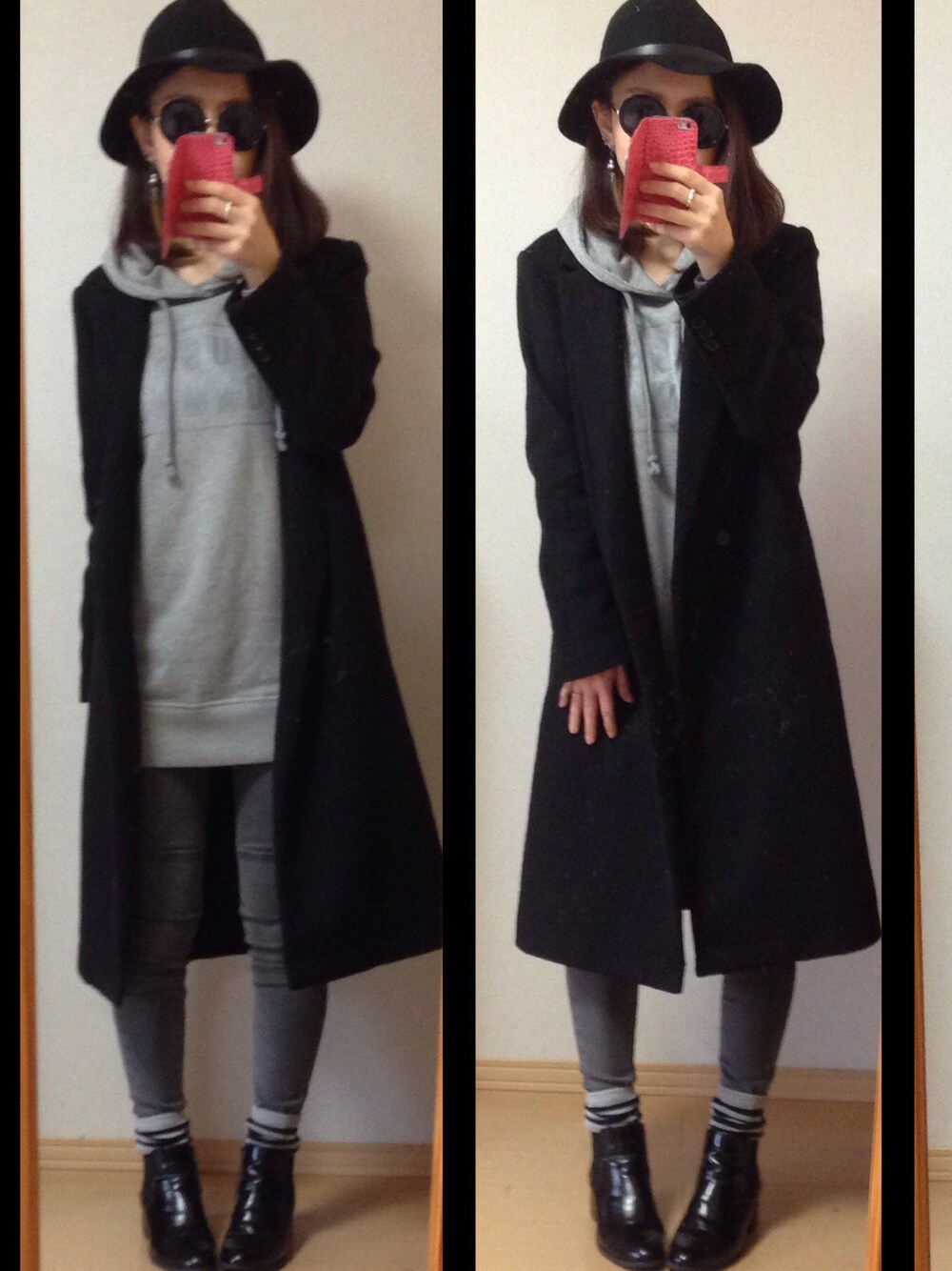 「ジーユー、GU、old navy、hat、ハット、サイトゴアブーツ」｜「FOREVER 21のアイテム（チェスターコート、ブラック系）」を使った、YUKA.さん（レディース・165cm）の春コーディネートの1枚目の写真