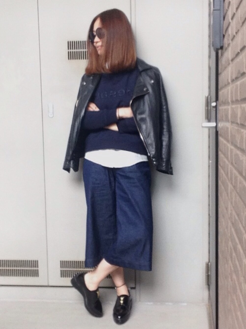 「ジーユー、GU、ライダース、ガウチョパンツ、ガウチョ、デニムガウチョパンツ、しまむら」｜「GUのアイテム（ライダースジャケット、ブラック系）」を使った、YUKA.さん（レディース・165cm）の春コーディネートの1枚目の写真