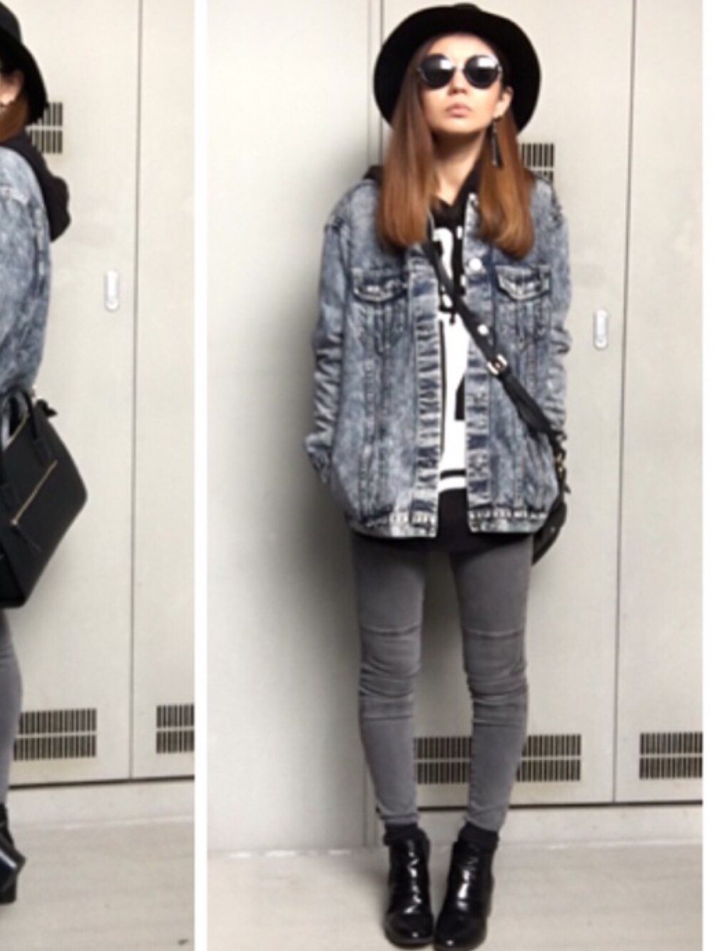 「ツバ広ハット、Gジャン、GU、H&M、FOREVER 21、old navy、ユニクロ、ママコーデ、プチプラ、カジュアル」｜「AZUL by moussyのアイテム（ハット、ブラック系）」を使った、YUKA.さん（レディース・165cm）の冬コーディネートの1枚目の写真