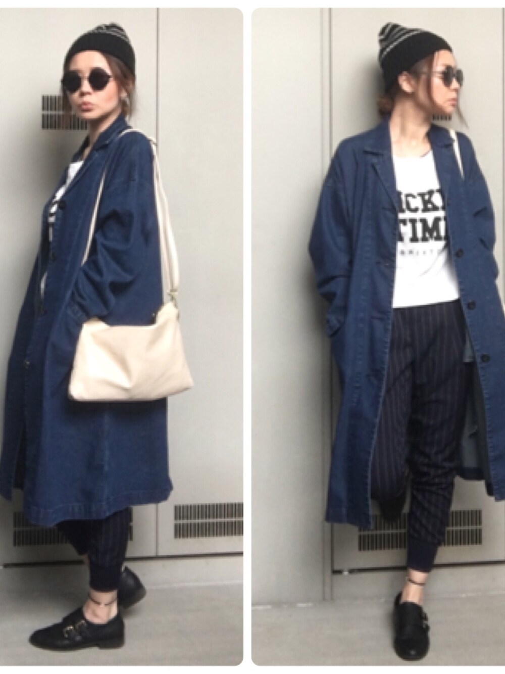 「シンプルコーデ、デニム、デニムチェスターコート、GU、moussy、しまむら、FOREVER 21、ユニクロ、春コーデ、パンツスタイル」｜「GUのアイテム（チェスターコート、ブルー系）」を使った、YUKA.さん（レディース・165cm）の春コーディネートの1枚目の写真