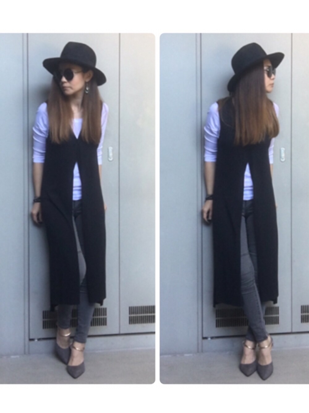 「オトナカジュアル、シンプルコーデ、ロングジレ、AZUL by moussy、UNIQLO、GU、モノトーン、デニム、ハット」｜「AZUL by moussyのアイテム（その他トップス、ブラック系）」を使った、YUKA.さん（レディース・165cm）の春コーディネートの1枚目の写真