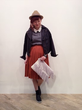 「フリンジバッグ」｜「アイテム（ライダースジャケット）」を使った、michan🍓(o❛◡❛o)さん（レディース・161cm）の秋コーディネート