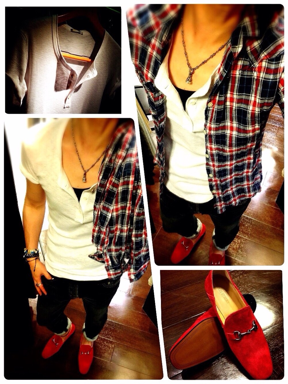 レッド系のドレスシューズ、ブルー系のデニムパンツ、ホワイト系のTシャツ/カットソーを着用したメンズの夏コーディネートの1枚目の写真