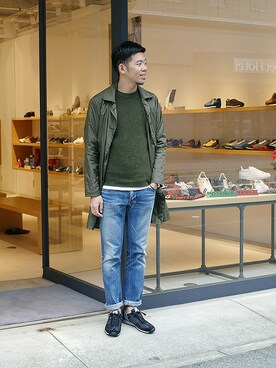 「カーキアウター」｜「アイテム（ステンカラーコート）」を使った、matsu_no_motoさん（メンズ・176cm）の秋コーディネート