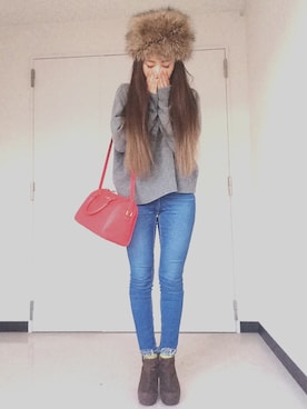 「アイテム（ボストンバッグ、レッド系）」を使った、eanさん（レディース・155cm）の冬コーディネート