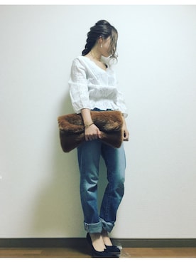 「Ameri（アメリ）のアイテム（クラッチバッグ）」を使った、eanさん（レディース・155cm）の秋コーディネート