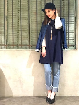 「HARE（ハレ）のアイテム（キャップ）」を使った、OGATAさん（レディース・164cm）の冬コーディネート