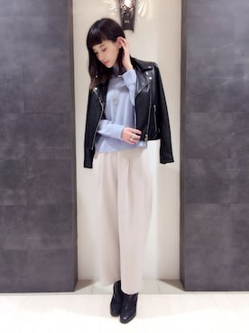 「カシミヤ」｜「アイテム（ライダースジャケット）」を使った、OGATAさん（レディース・164cm）の秋コーディネート