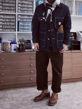 「POINTER BRAND（ポインターブランド）のアイテム（デニムジャケット）」を使った、mukbabさん（メンズ・180cm）の冬コーディネート