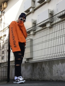 「Supreme （シュプリーム）のアイテム（ニットキャップ/ビーニー、ブルー系）」を使った、S,hunさん（メンズ・170cm）の冬コーディネート
