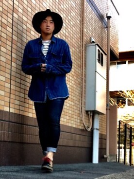 「DIESEL（ディーゼル）のアイテム（シャツ/ブラウス、ブルー系）」を使った、S,hunさん（メンズ・170cm）の冬コーディネート
