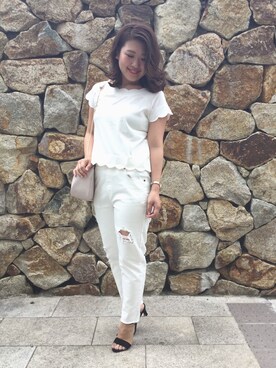 「Chico（チコ）のイージーダメージカットデニムパンツ（デニムパンツ）」を使った、yuki_maegawaさん（レディース・155cm）の夏コーディネート