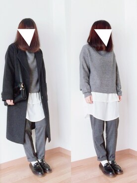 「グレーニット」｜「アイテム（その他アウター）」を使った、ニシマルさん（レディース・157cm）の冬コーディネート