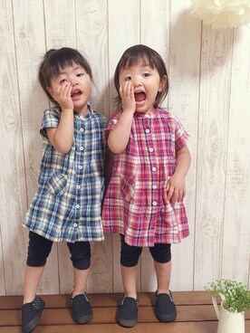 「アイテム（シャツワンピース、レッド系）」を使った、riri×nanaさん（キッズ・90cm）の夏コーディネート