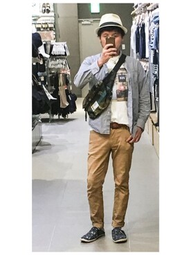 「アイテム（ボディバッグ/ウエストポーチ、グリーン系）」を使った、*shu*さん（メンズ・171cm）の夏コーディネート