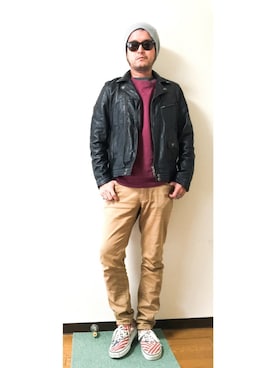 「アキコーデ」｜「アイテム（ライダースジャケット）」を使った、*shu*さん（メンズ・171cm）の秋コーディネート