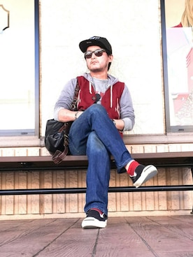 「アイテム（ベスト、レッド系）」を使った、*shu*さん（メンズ・171cm）の秋コーディネート