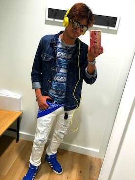 「ブルー x ホワイト」｜「アイテム（デニムジャケット）」を使った、shojiさん（メンズ・180cm）の秋コーディネート