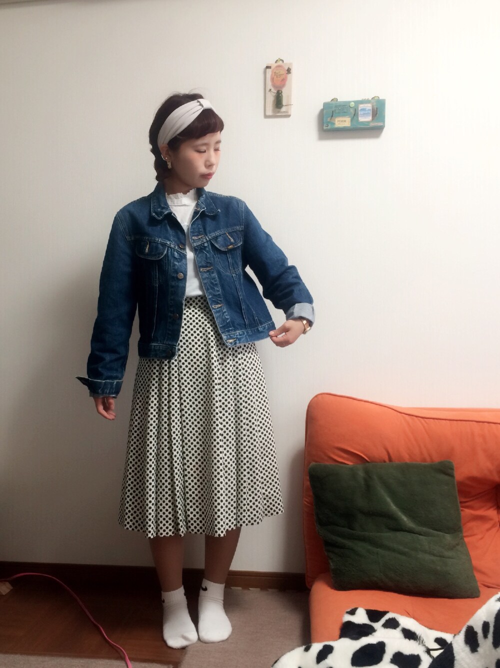 「おんまゆ、ドット、デニムジャケット、ナイキ、三つ編み」｜「Leeのアイテム（デニムジャケット、ブルー系）」を使った、s a o c h a n ⑅◡̈*さん（レディース・150cm）の春コーディネートの1枚目の写真
