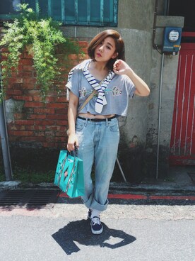 「VANS（バンズ）のアイテム（その他シューズ、ブルー系）」を使った、楊以珩 Zoey Yangさん（レディース・163cm）の夏コーディネート