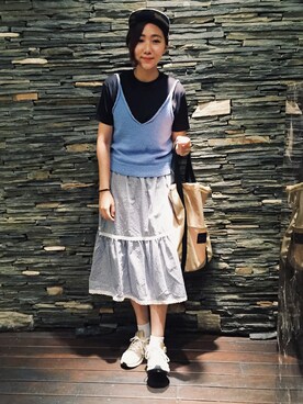 「Carhartt（カーハート）のアイテム（キャップ、ブルー系）」を使った、楊以珩 Zoey Yangさん（レディース・163cm）の夏コーディネート