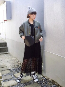 「Ray BEAMS（レイビームス）の☆■TOGA Odds&Ends×Ray BEAMS / 別注 ラバー MA-1（ミリタリージャケット、グリーン系）」を使った、ミッチェルさん（レディース・158cm）の春コーディネート