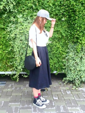 「LOWRYS FARM（ローリーズファーム）のカリフォルニアキモノスリーブＴ／ＳＳ　724241 （Tシャツ/カットソー、ホワイト系）」を使った、ミッチェルさん（レディース・158cm）の夏コーディネート