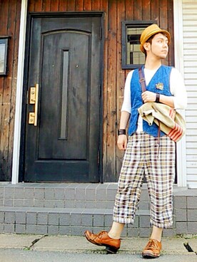 「Waste(twice)（ウェストトゥワイス）のアイテム（パンツ）」を使った、KENT BREAD HAT さん（メンズ・156cm）の春コーディネート